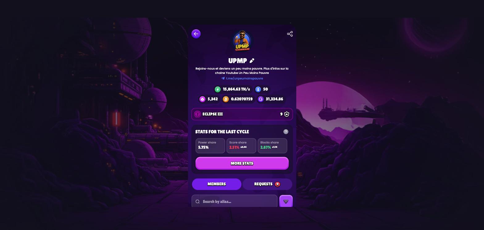 La page du clan UPMP dans Miner Wars : Eclipse III, 50 membres, 15 864 TH