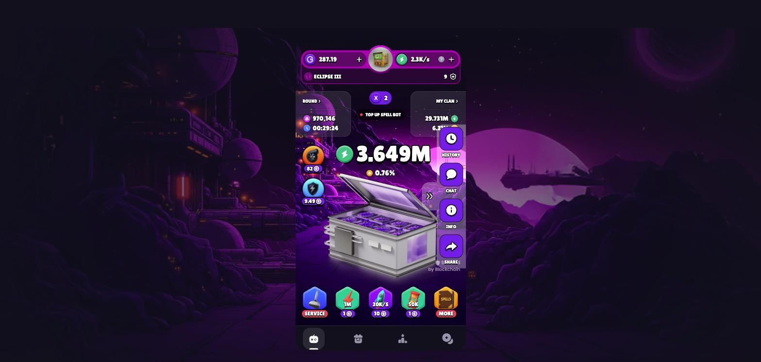 L'écran principal de Miner Wars ce matin : Eclipse III, round x2 en cours